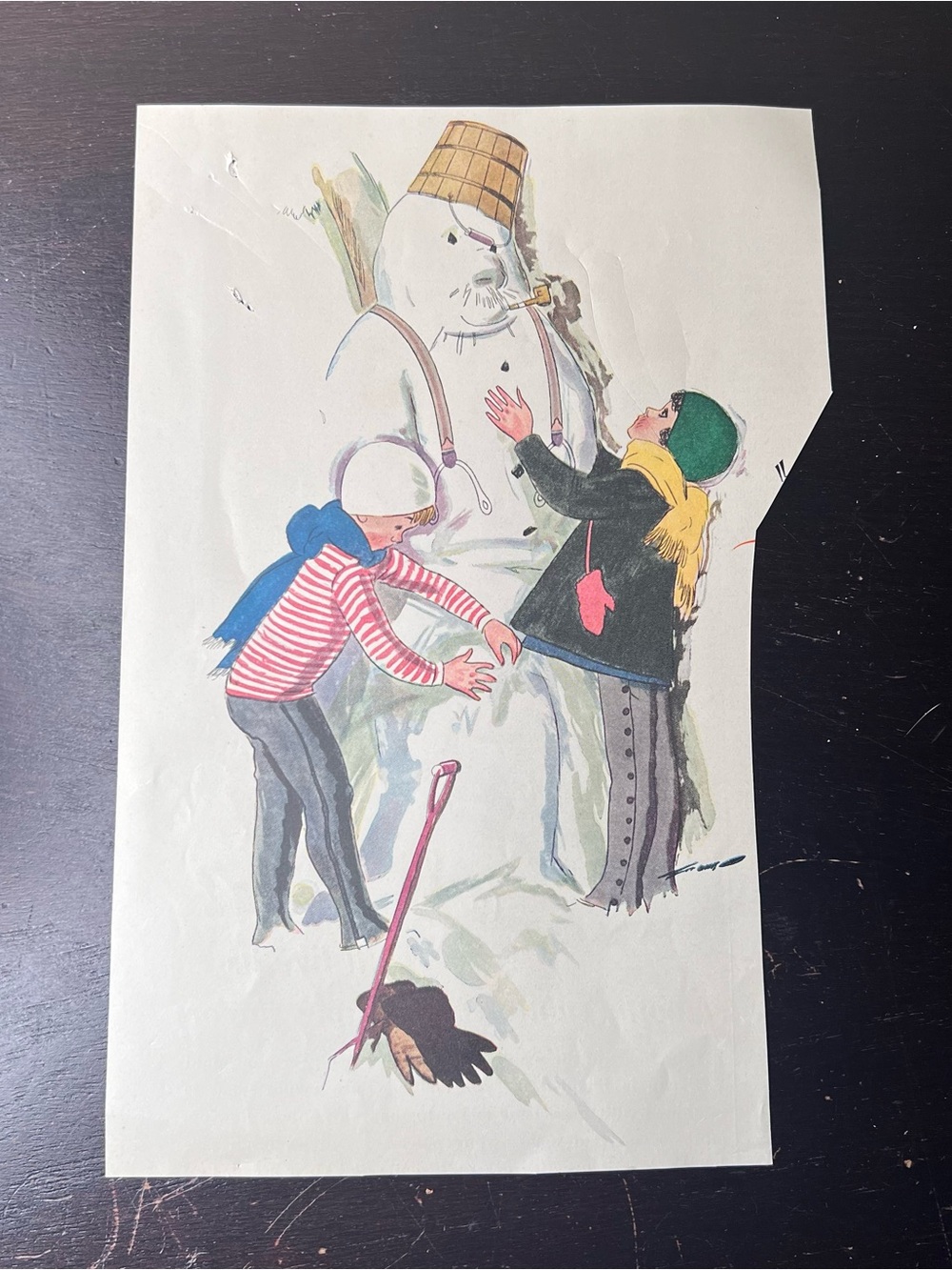 Antique 1920s Snowman Winter Scene Original Magazine Cutout